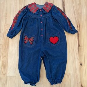 Vintage Toddler Jumper Bodysuit Girls 4T Tartan Plaid Scottish Denim Collar